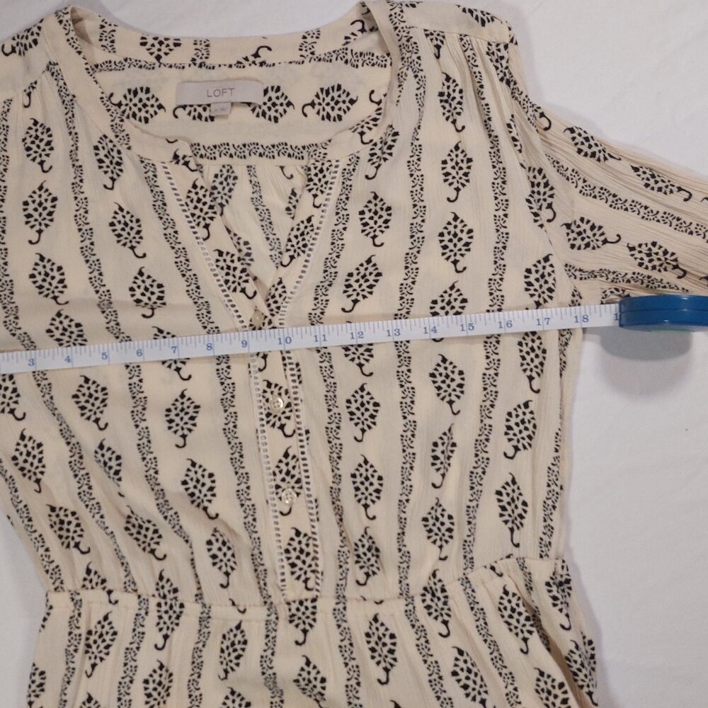 Loft Cream and Black Long Sleeve Half Button Down Boho Sheath Dress - Picture 10 of 15